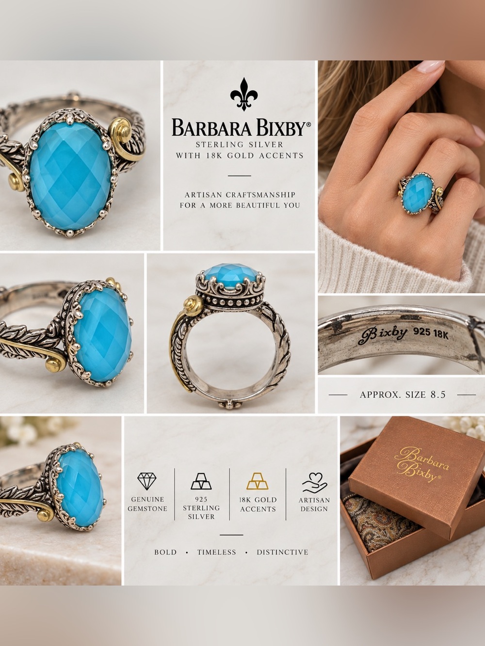 Barbara Bixby 925 Sterling Silver 18K Gold Blue Gemstone Statement Ring Size 8.5